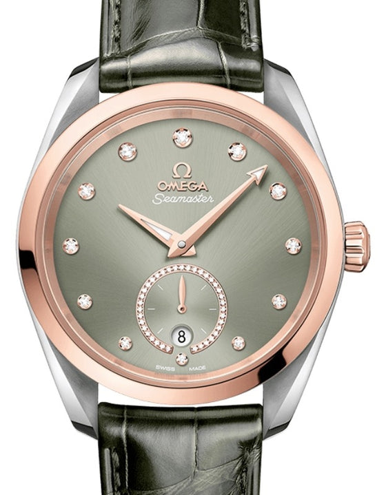 Omega Seamaster Aqua Terra 150M Co-Axial Master Chronometer Small Seconds 38mm Stainless Steel Sedna Gold Bezel Green Dial Diamond Set Index Black Alligator Leather Strap 220.23.38.20.60.001 - BRAND NEW