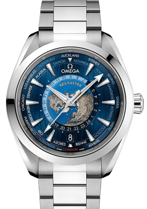Omega Seamaster Aqua Terra 150M Co-Axial Master Chronometer GMT Worldtimer 43mm Stainless Steel Blue Dial 220.10.43.22.03.001 - BRAND NEW