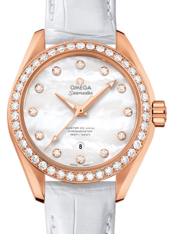 Omega Seamaster Aqua Terra 150M Master Co-Axial Chronometer 34mm Sedna Gold Diamond Bezel White Mother of Pearl Dial Diamond Set Index Alligator Leather Strap 231.58.34.20.55.003 - BRAND NEW