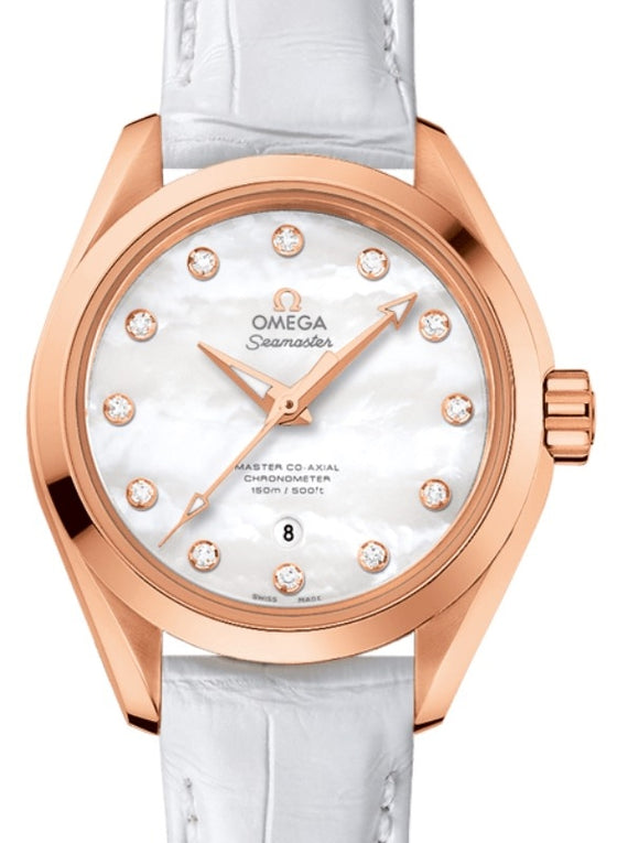 Omega Seamaster Aqua Terra 150M Master Co-Axial Chronometer 34mm Sedna Gold White Mother of Pearl Dial Diamond Set Index Alligator Leather Strap 231.53.34.20.55.001 - BRAND NEW