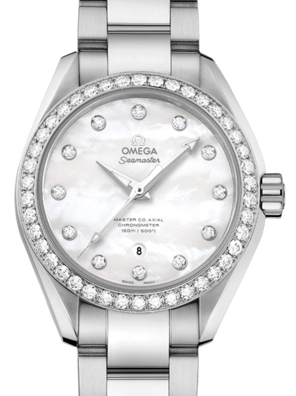 Omega Seamaster Aqua Terra 150M Master Co-Axial Chronometer 34mm Stainless Steel Diamond Bezel White Mother of Pearl Dial Diamond Index Steel Bracelet 231.15.34.20.55.002 - BRAND NEW