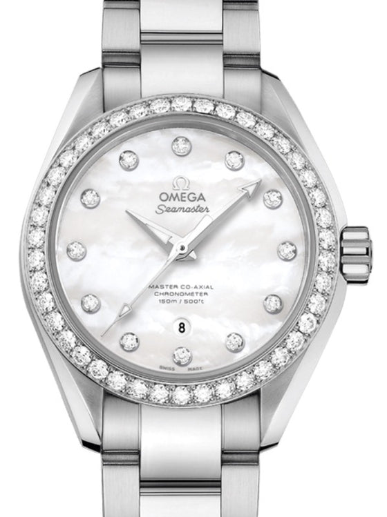 Omega Seamaster Aqua Terra 150M Master Co-Axial Chronometer 34mm Stainless Steel Diamond Bezel White Mother of Pearl Dial Diamond Index Steel Bracelet 231.15.34.20.55.002 - BRAND NEW