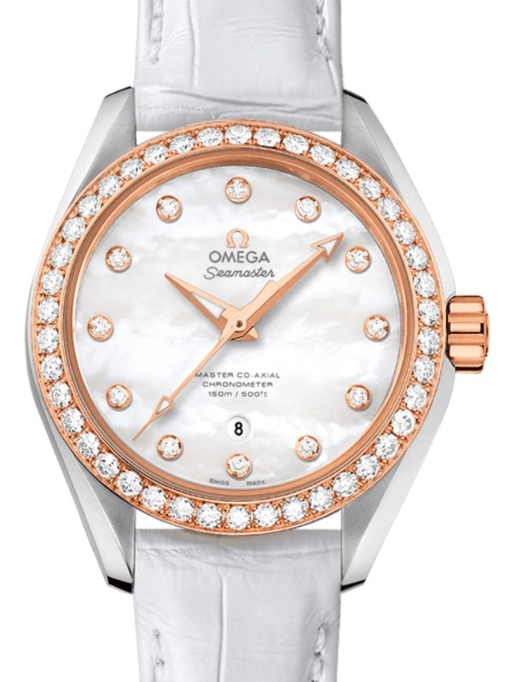 Omega Seamaster Aqua Terra 150M Master Co-Axial Chronometer 34mm Stainless Steel Sedna Gold Diamond Bezel White Mother of Pearl Dial Diamond Set Index Alligator Leather Strap 231.28.34.20.55.003 - BRAND NEW