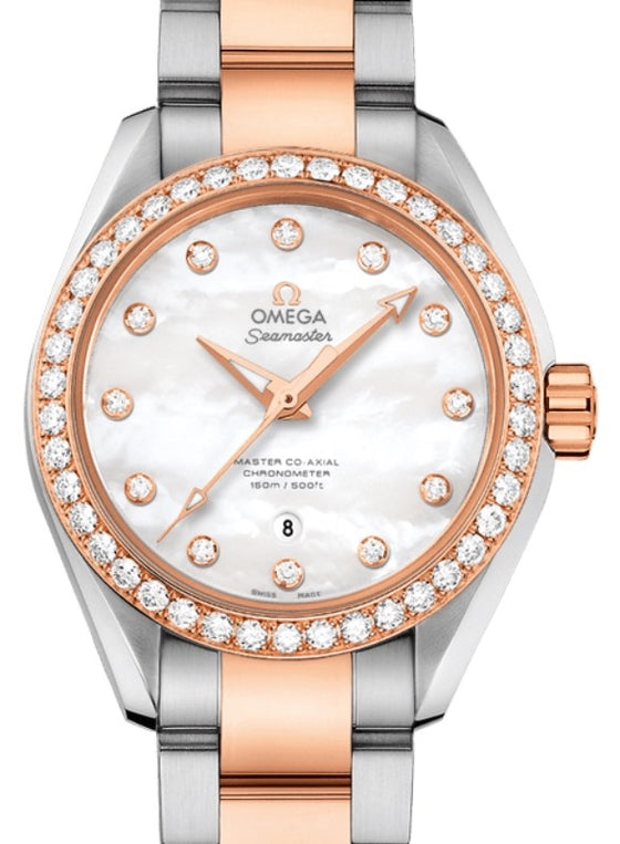Omega Seamaster Aqua Terra 150M Master Co-Axial Chronometer 34mm Stainless Steel Sedna Gold Diamond Bezel White Mother of Pearl Dial Diamond Set Index Steel Sedna Gold Bracelet 231.25.34.20.55.005 - BRAND NEW