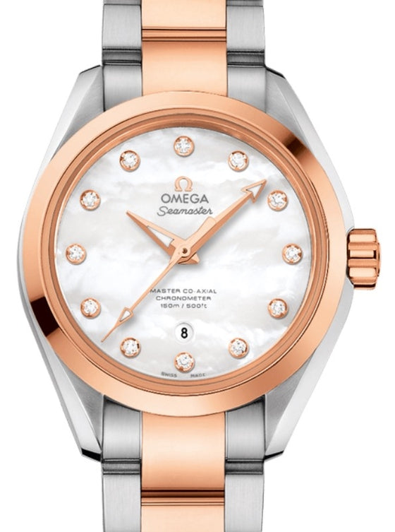 Omega Seamaster Aqua Terra 150M Master Co-Axial Chronometer 34mm Stainless Steel Sedna Gold White Mother of Pearl Dial Diamond Set Index Steel Sedna Gold Bracelet 231.20.34.20.55.001 - BRAND NEW