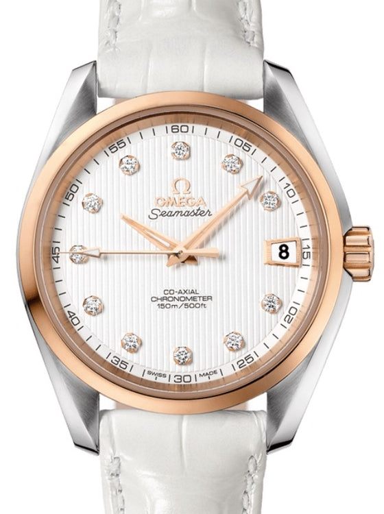 Omega Seamaster Aqua Terra 150M Omega Co-Axial 38.5mm Stainless Steel Red Gold Silver Dial Diamond Set Index Alligator Leather Strap 231.23.39.21.52.001 - BRAND NEW