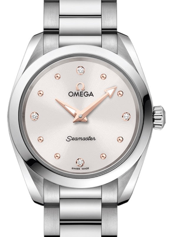 Omega Seamaster Aqua Terra 150M Quartz 28mm Stainless Steel White Dial Dotted Sedna Gold Diamond Set Index Steel Bracelet 220.10.28.60.54.001 - BRAND NEW