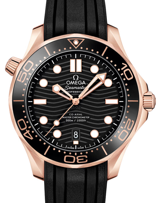 Omega Seamaster Diver 300m 42mm Sedna Gold Black Dial Rubber Strap 210.62.42.20.01.002