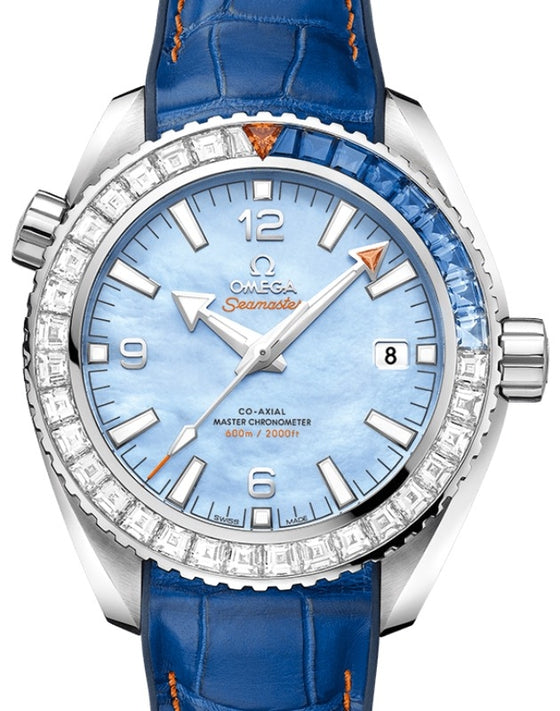 Omega Seamaster Planet Ocean 600M 43.5mm White Gold Diamond Sapphire Bezel Blued Mother-of-Pearl Dial 215.58.44.21.07.001
