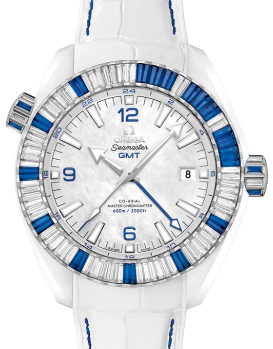 Omega Seamaster Planet Ocean 600M Co-Axial Master Chronometer GMT 45.5mm White Ceramic Diamond and Sapphire Bezel White Mother-of-Pearl Dial Leather and Rubber Strap 215.98.46.22.05.001 - BRAND NEW