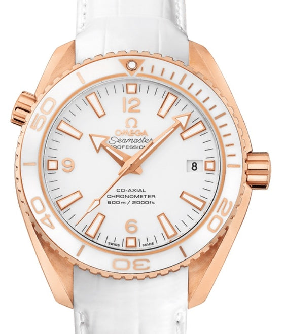 Omega Seamaster Planet Ocean 600M 42mm Red Gold White Dial Leather Strap 232.63.42.21.04.001