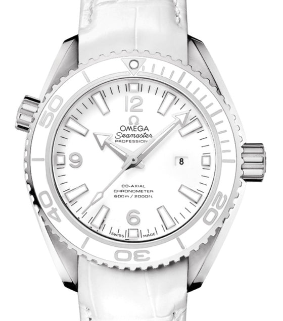 Omega Seamaster Planet Ocean 600M Stainless Steel Ceramic Bezel White Dial Alligator Leather Strap 232.33.38.20.04.001 - BRAND NEW