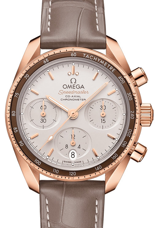 Omega Speedmaster 38 Co?Axial Chronograph Sedna Gold Silver Dial & Aluminium Bezel Leather Strap 324.63.38.50.02.003 - BRAND NEW