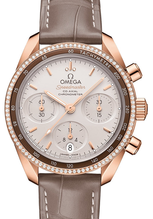 Omega Speedmaster 38 Co-Axial Chronograph Sedna Gold Silver Dial Diamond Bezel Leather Strap 324.68.38.50.02.003 - BRAND NEW