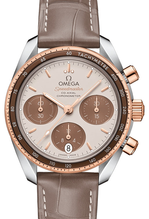 Omega Speedmaster 38 Co-Axial Chronograph Stainless Steel/Sedna Gold Brown Dial Leather Strap 324.23.38.50.02.002 - BRAND NEW