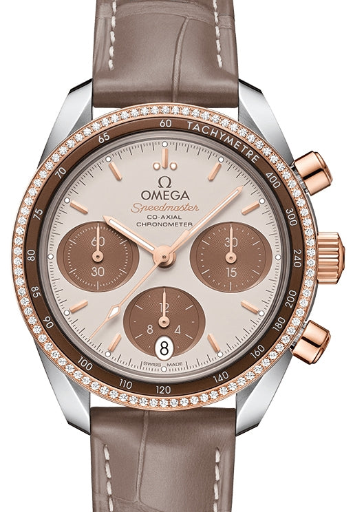 Omega Speedmaster 38 Co-Axial Chronograph Stainless Steel/Sedna Gold Brown Dial & Gold Diamond Bezel Leather Strap 324.28.38.50.02.002 - BRAND NEW