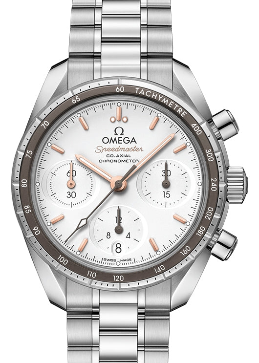 Omega Speedmaster 38 Co-Axial Chronograph Stainless Steel Silver Dial Aluminium Bezel & Steel Bracelet 38mm 324.30.38.50.02.001 - BRAND NEW