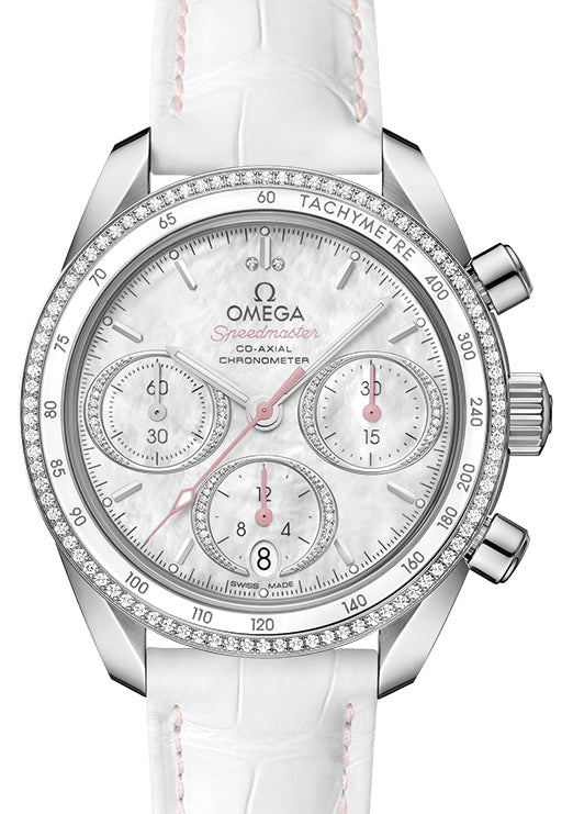 Omega Speedmaster 38 Co-Axial Chronograph Stainless Steel White Mother Of Pearl Dial Leather Strap 324.38.38.50.55.001 - BRAND NEW