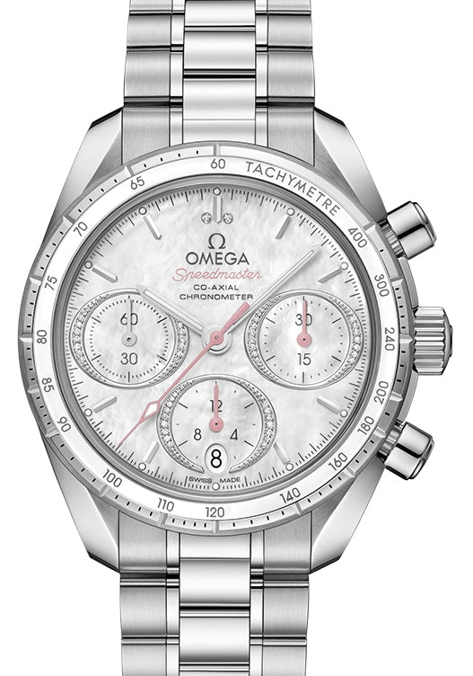 Omega Speedmaster 38 Co-Axial Chronograph Stainless Steel White Mother Of Pearl Diamond Dial 324.30.38.50.55.001 - BRAND NEW
