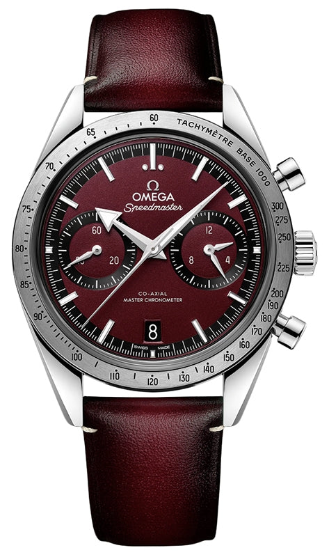 Omega Speedmaster '57 Chronograph 40.5mm Burgundy Dial Steel Leather Strap 332.12.41.51.11.001
