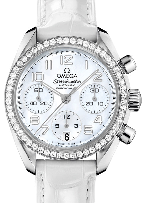 Omega Speedmaster Chronograph Stainless Steel White Mother Of Pearl Dial & Diamond Bezel Leather Strap 38mm 324.18.38.40.05.001 - BRAND NEW