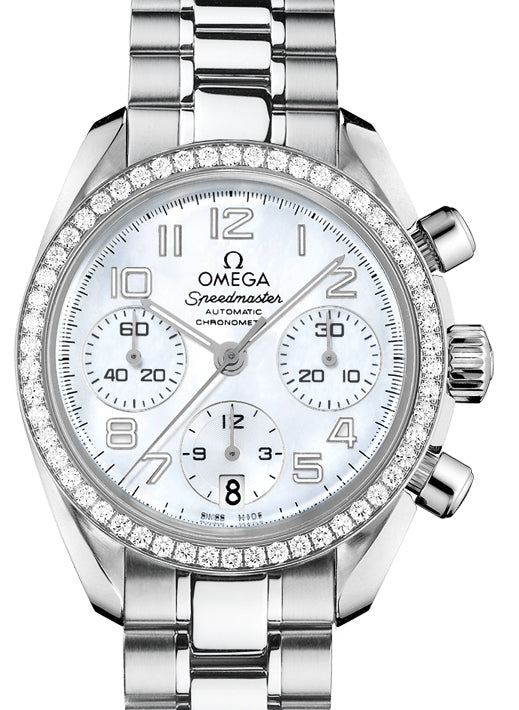 Omega Speedmaster Chronograph Stainless Steel White Mother Of Pearl Dial & Diamond Bezel 324.15.38.40.05.001 - BRAND NEW
