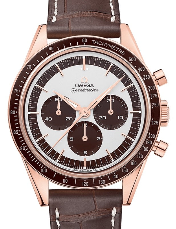 Omega Speedmaster Heritage Anniversary Series Chronograph 39.7mm "First Omega In Space" Sedna Gold Ceramic Bezel Silver Dial Alligator Leather Strap 311.63.40.30.02.001 - BRAND NEW
