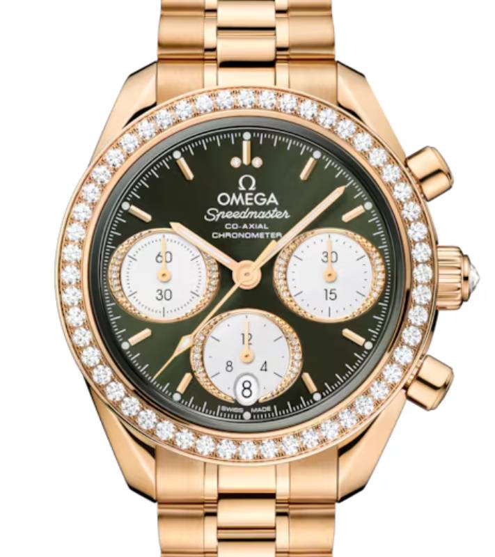 Omega Speedmaster Moonshine Gold Green Dial Diamond Bezel Bracelet 324.55.38.50.60.001