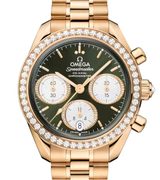 Omega Speedmaster Moonshine Gold Green Dial Diamond Bezel Bracelet 324.55.38.50.60.001