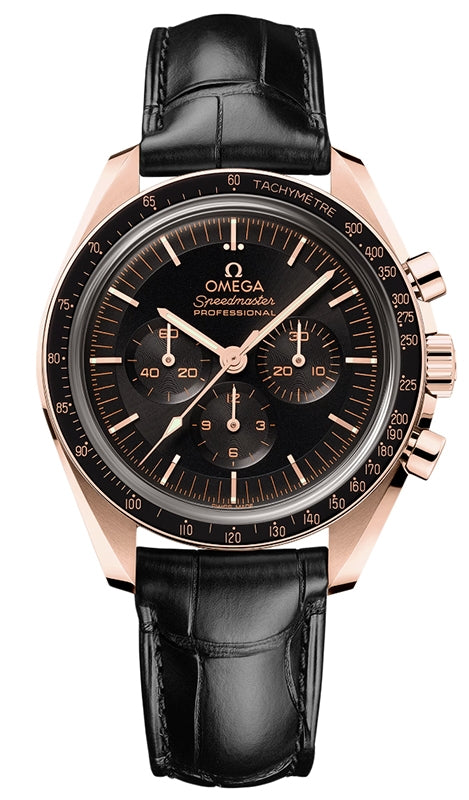 Omega Speedmaster Moonwatch Professional Chronograph 42mm Sedna Gold Black Dial Leather Strap 310.63.42.50.01.001