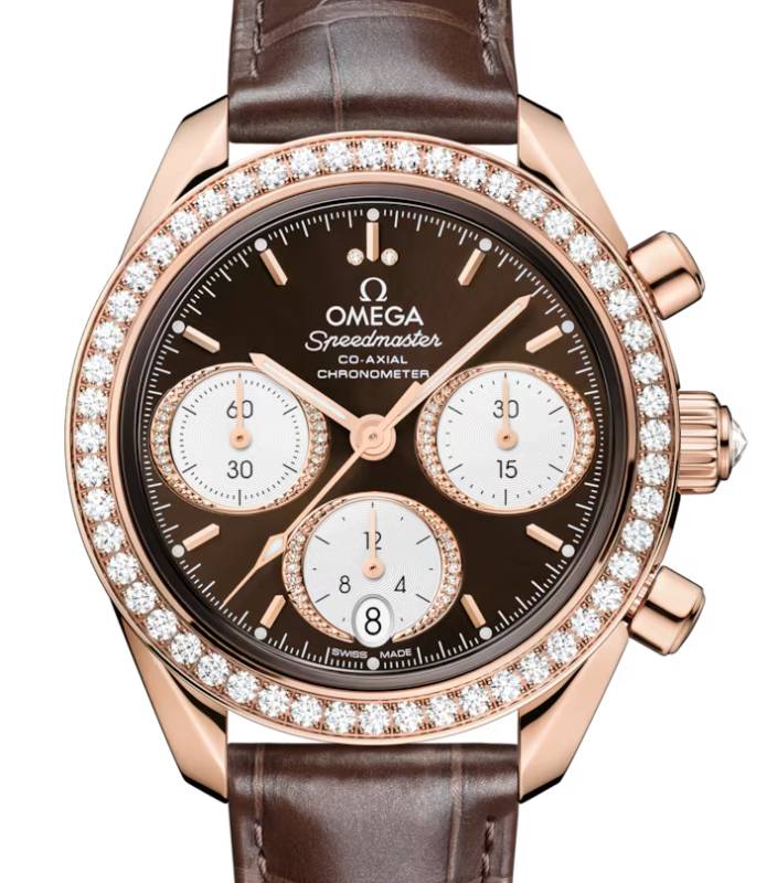 Omega Speedmaster Sedna Gold Brown Dial Diamond Bezel Leather Strap 324.58.38.50.63.001