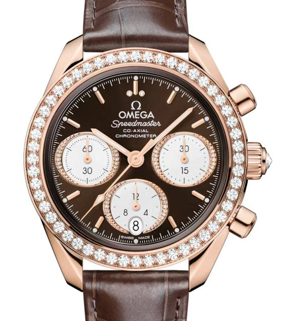 Omega Speedmaster Sedna Gold Brown Dial Diamond Bezel Leather Strap 324.58.38.50.63.001