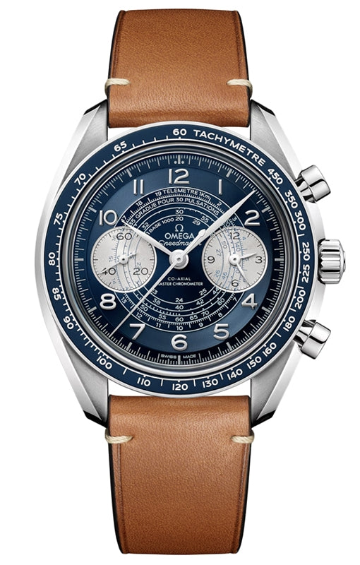 Omega Speedmaster Two Counters Chronoscope Chronograph 43mm Steel Blue Dial Leather Strap 329.32.43.51.03.001