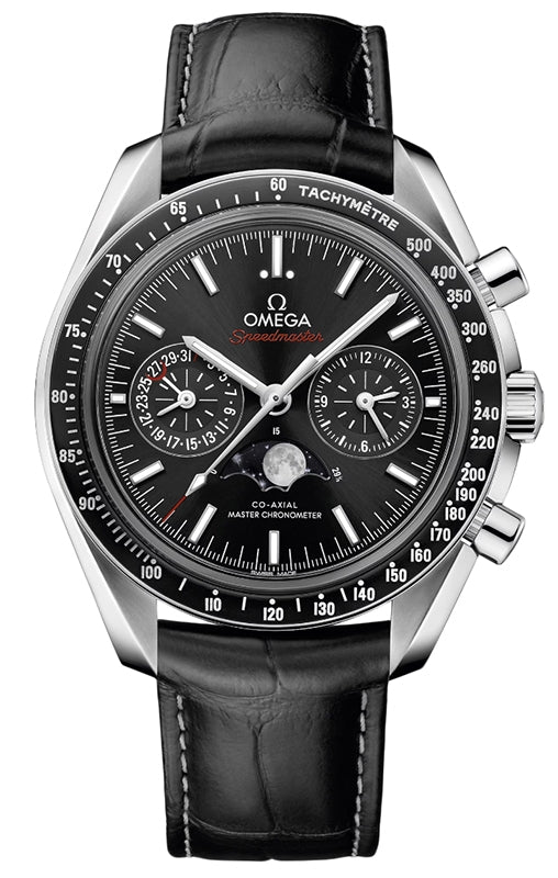 Omega Speedmaster Two Counters Moonphase 44.25 Steel Black Dial Leather Strap 304.33.44.52.01.001