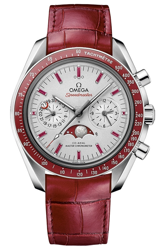Omega Speedmaster Two Counters Moonphase 44.25mm Platinum Grey Baguette Ruby Dial Leather Strap 304.93.44.52.99.002