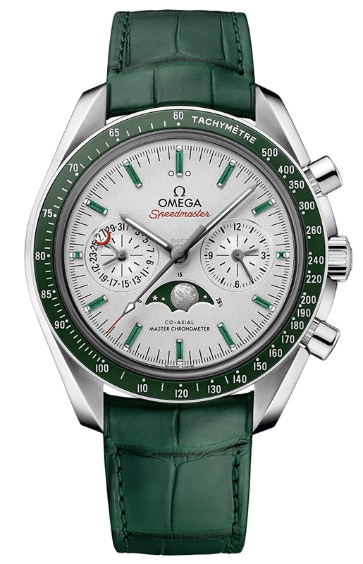 Omega Speedmaster Two Counters Moonphase 44.25mm Platinum Grey Emerald Dial Leather Strap 304.93.44.52.99.003