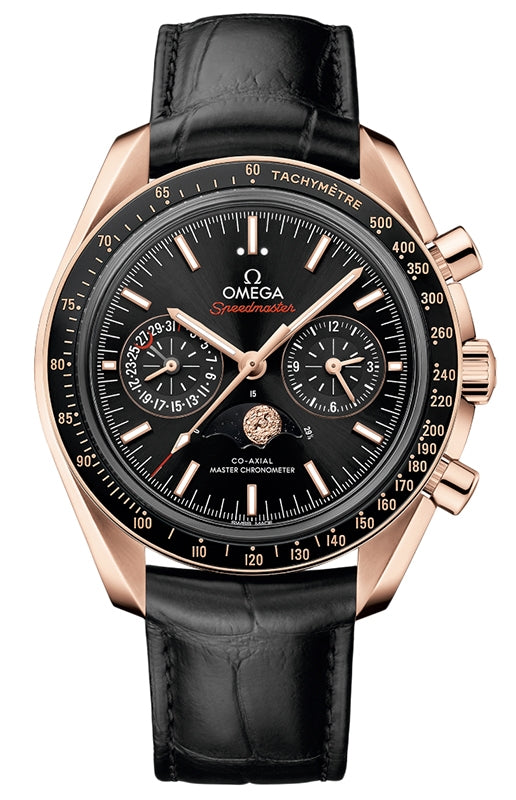 Omega Speedmaster Two Counters Moonphase 44.25mm Sedna Gold Black Dial Leather Strap 304.63.44.52.01.001