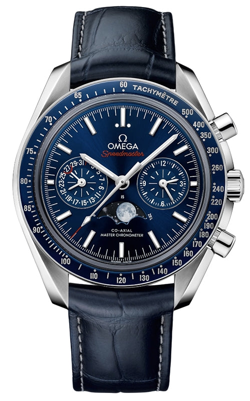 Omega Speedmaster Two Counters Moonphase 44.25mm Steel Blue Dial Leather Strap 304.33.44.52.03.001