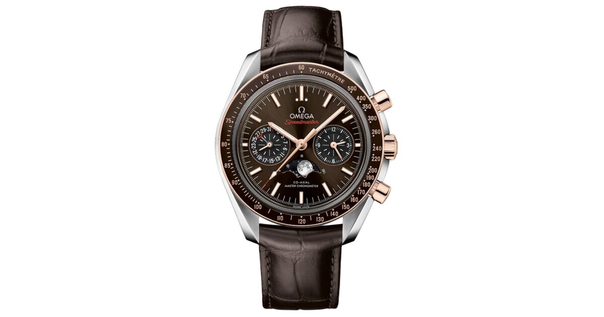 Omega Speedmaster Two Counters Moonphase 44.25mm Steel/Sedna Gold Brown Dial Leather Strap 304.23.44.52.13.001
