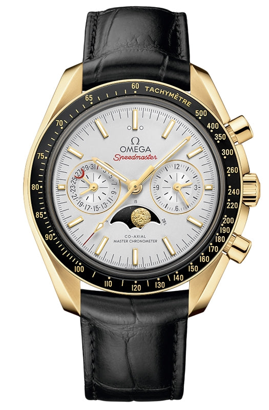 Omega Speedmaster Two Counters Moonphase 44.25mm Yellow Gold Silver Dial Leather Strap 304.63.44.52.02.001