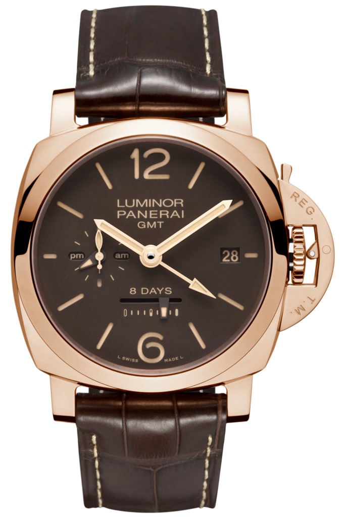 Panerai Luminor 8 Days GMT Gold with Copper 44mm Brown Dial Alligator Leather Strap PAM00576 - BRAND NEW