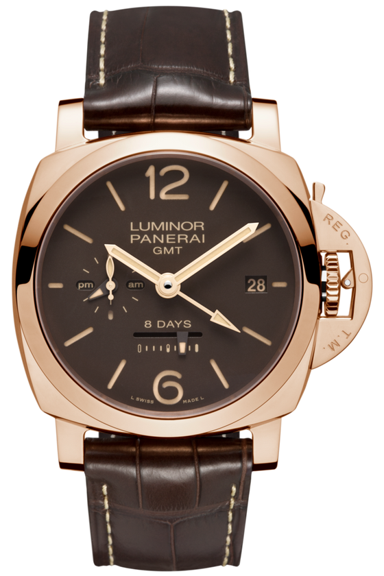 Panerai Luminor 8 Days GMT Gold with Copper 44mm Brown Dial Alligator Leather Strap PAM00576 - BRAND NEW