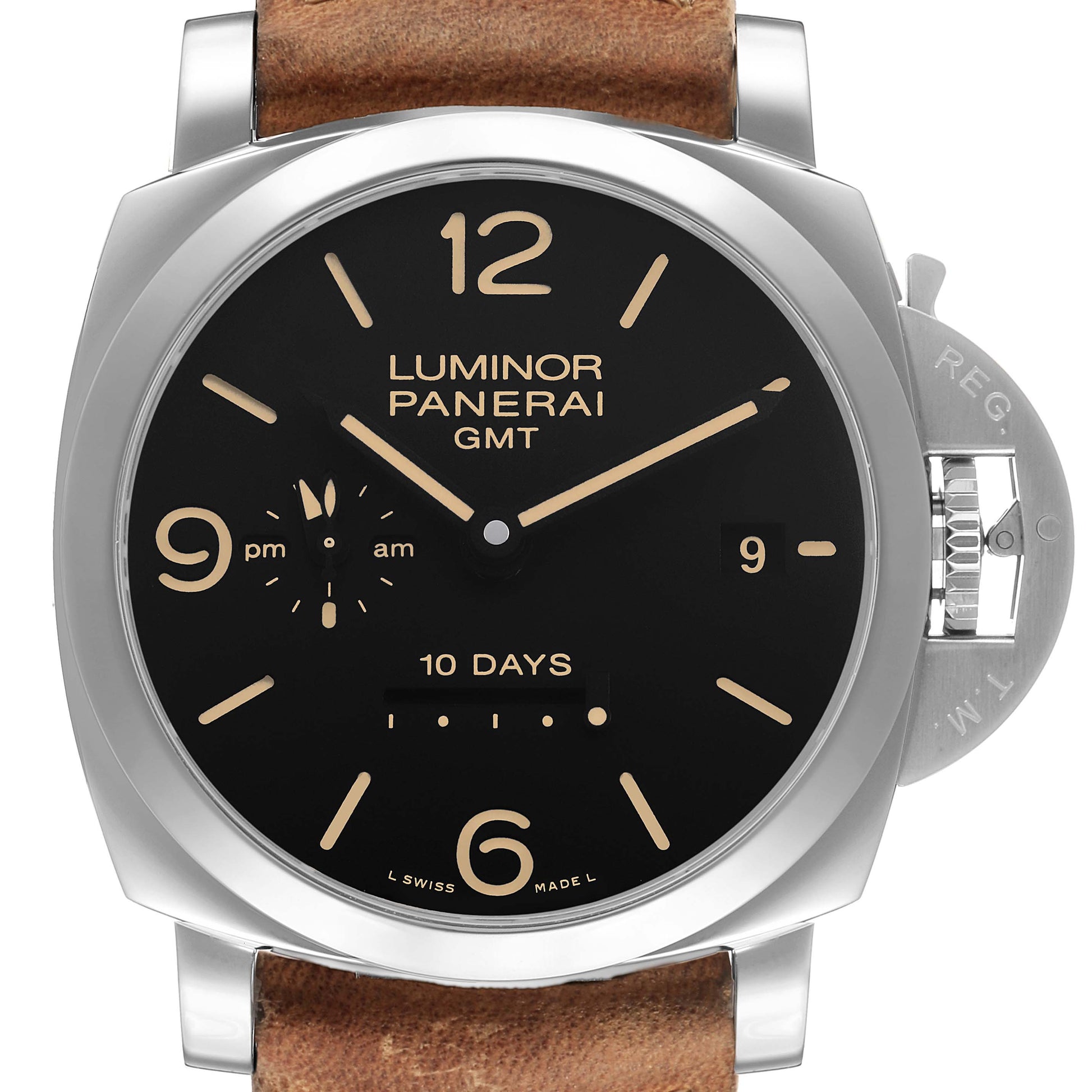 Panerai Luminor GMT 10 Days Steel 44mm Black Dial Leather Strap PAM00533