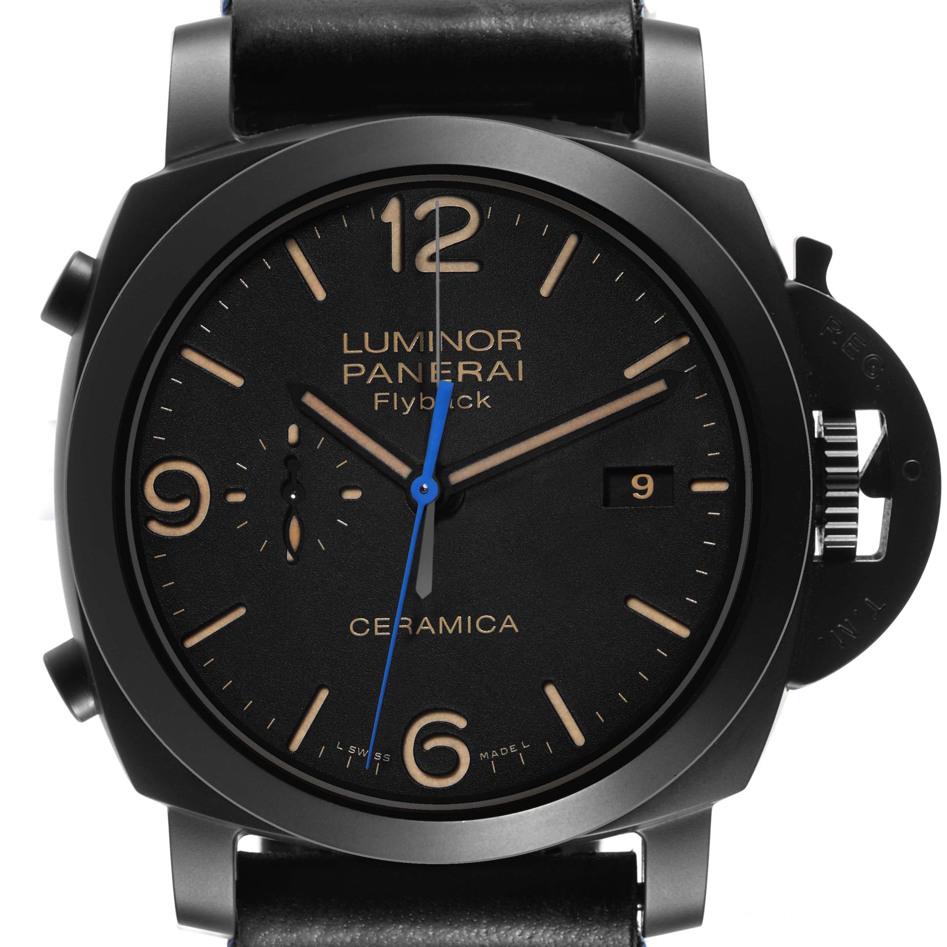 Panerai Luminor Chrono Flyback Black Ceramic 44mm Black Dial Leather Strap PAM00580 - BRAND NEW