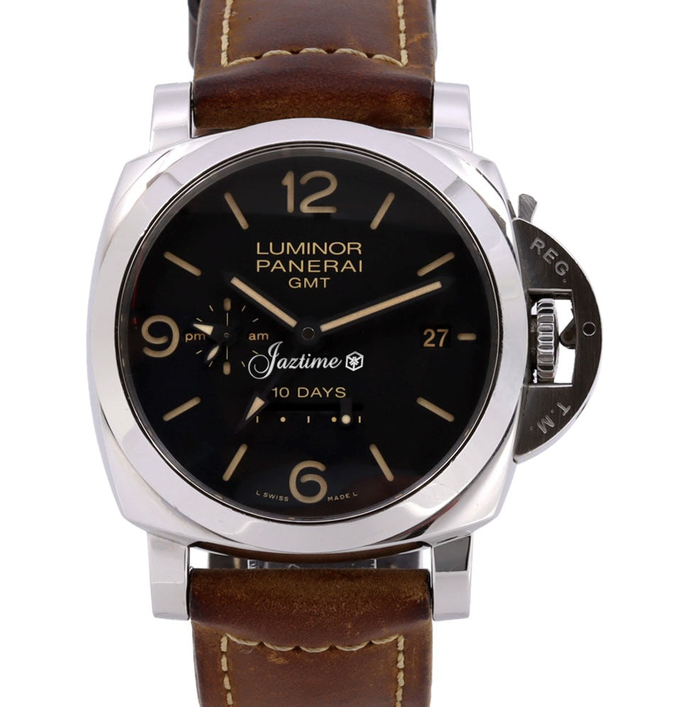 Panerai Luminor GMT 10 Days Steel 44mm Black Dial Leather Strap PAM00533