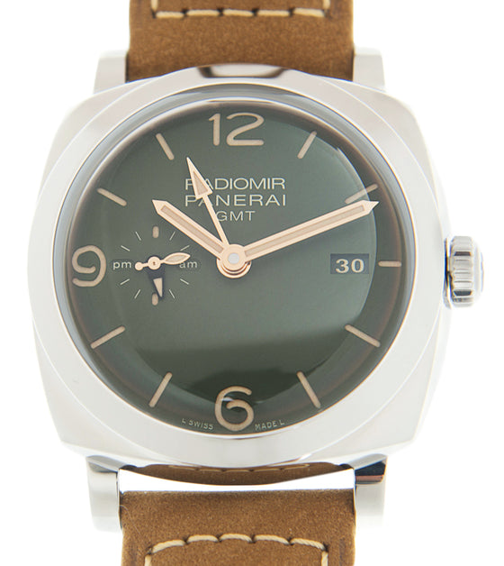 Panerai Radiomir GMT Steel 45mm Green Dial Leather Strap PAM00998