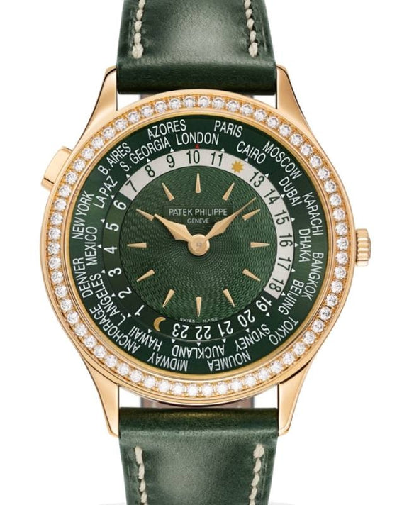 Patek Philippe Complications World Time Rose Gold Olive Green Dial 36mm Diamond Bezel 7130R-014 - BRAND NEW
