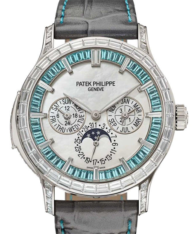 Patek Philippe Grand Complications Minute Repeater Perpetual Calendar Haute Joaillerie Platinum White Mother of Pearl Baguette Diamonds/Paraíba Tourmalin Dial 5374/400P-001 - BRAND NEW