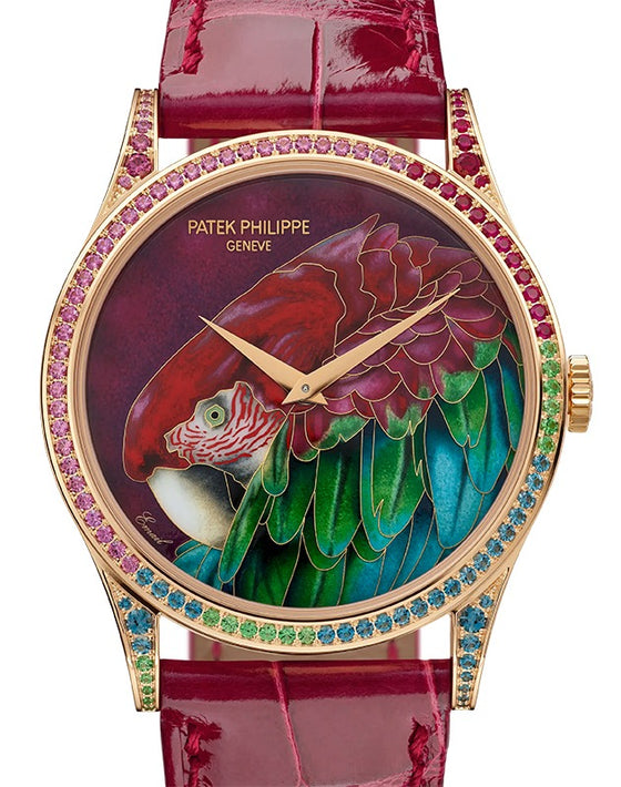 Patek Philippe Rare Handcrafs Calatrava "Green-Winged Macaw" Rose Gold/Gem-Set 5077/211R-001 - BRAND NEW