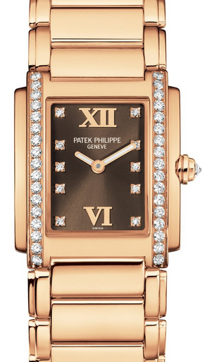 Patek Philippe 4908/11R-010 Twenty~4 Ladies 22 x 26.3mm Brown Roman Diamond Set Rose Gold Quartz BRAND NEW